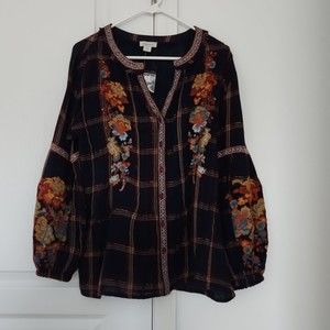 NWOT Sundance Zinnia Plaid Floral Embroidered Button Up Blouse, Size S